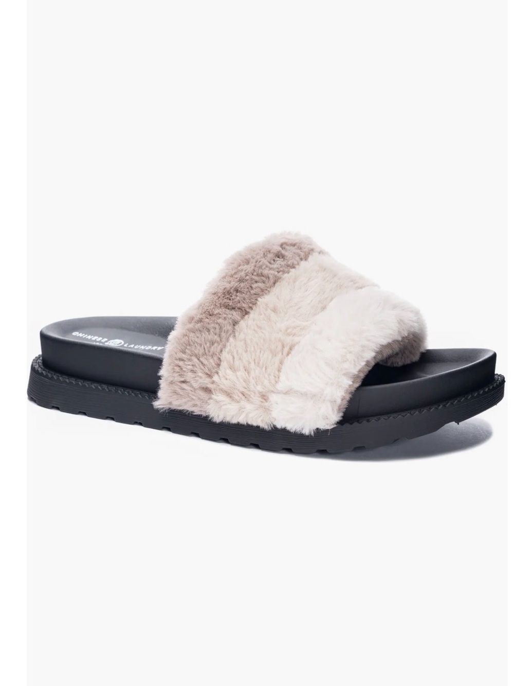 Chinese Laundry Two-Tone Faux Fur Slide in Taupe and Cream